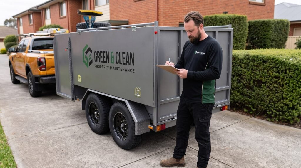 Landon of Green and Clean writing up a site quote beside the signwritten trailer at an Adelaide strata property