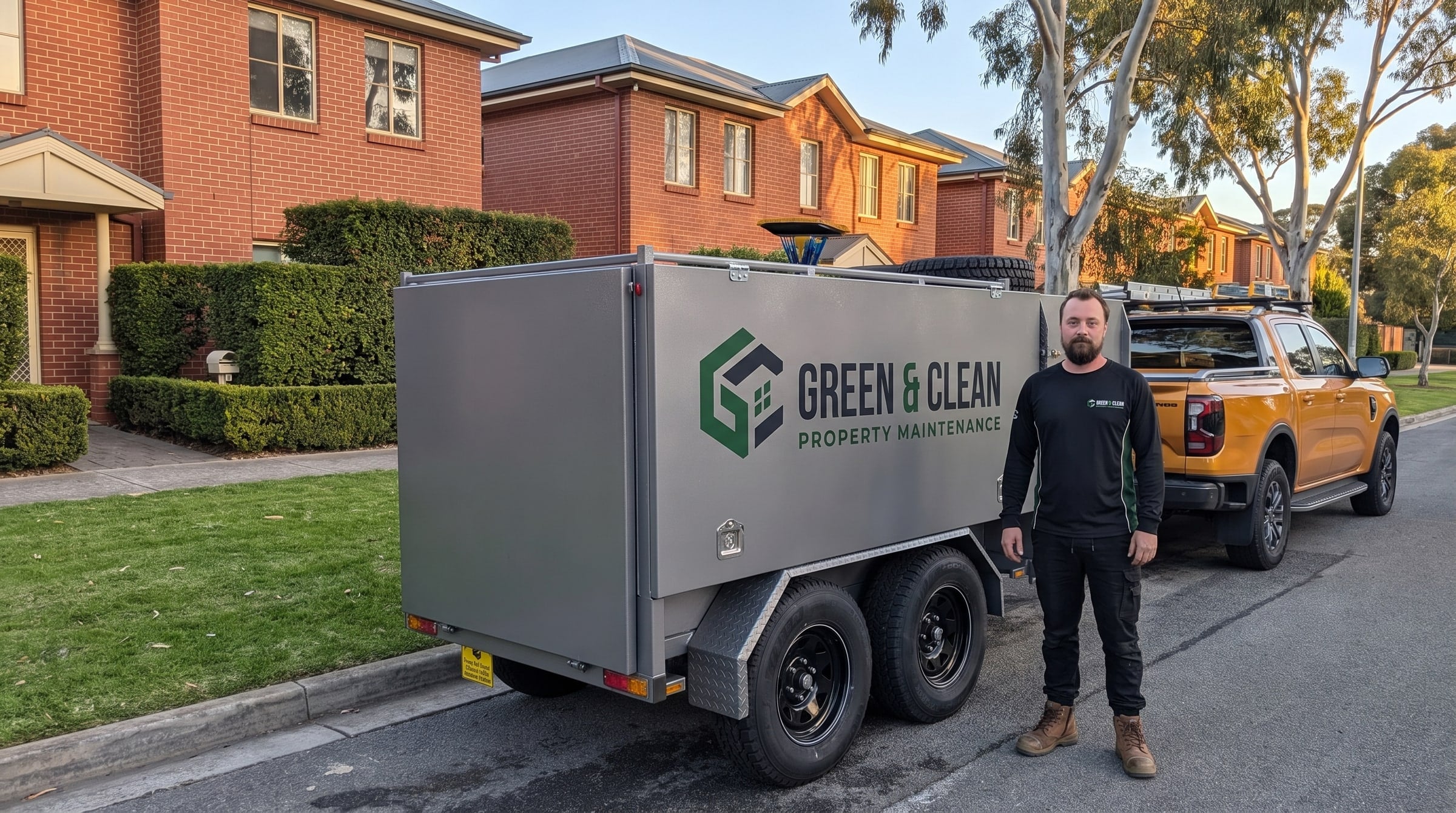 Landon with the Green and Clean ute and branded trailer at an Adelaide strata property