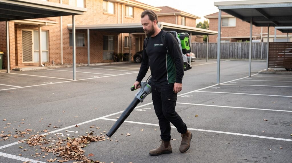 Green & Clean groundskeeper blowing leaf litter from the car park of an Adelaide strata complex