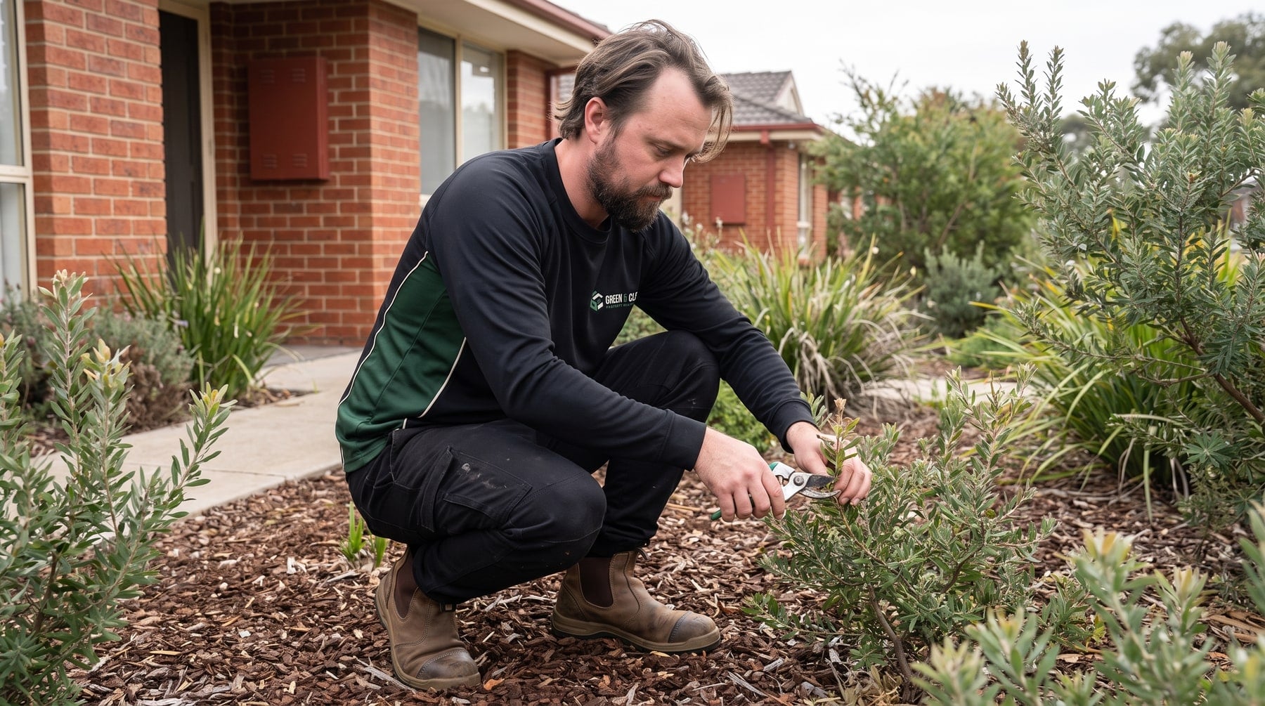 Green & Clean groundskeeper hand-pruning a common-area garden bed at an Adelaide strata complex
