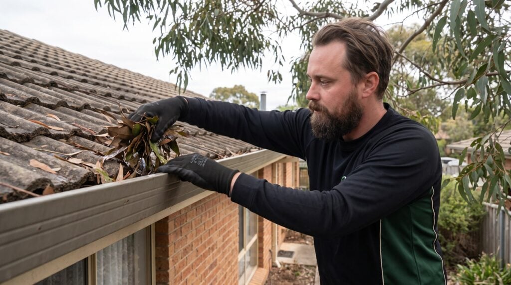 Green and Clean clearing leaf litter from the gutter of an Adelaide strata unit