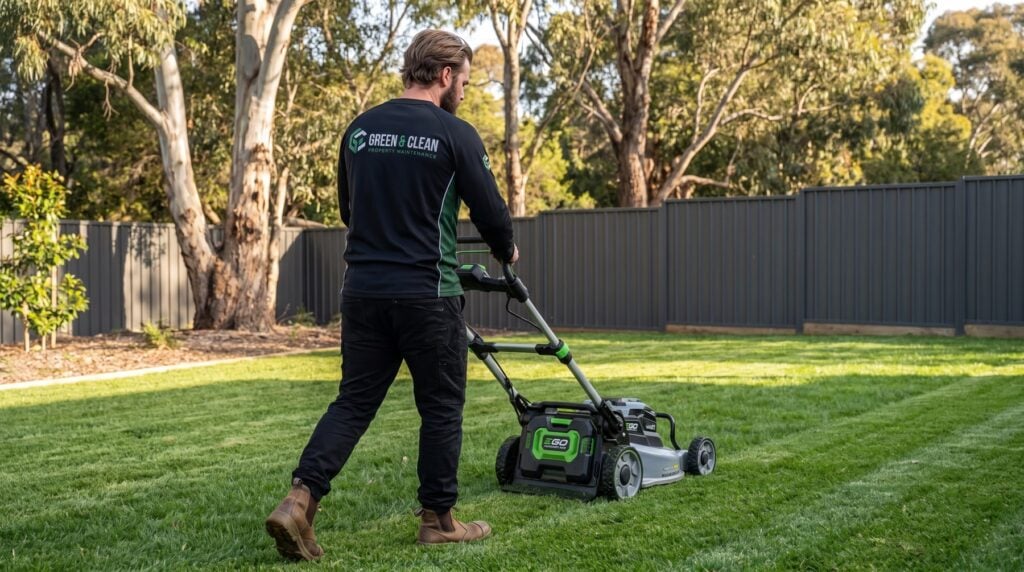 Green & Clean groundskeeper mowing a striped common-area lawn at an Adelaide strata townhouse complex