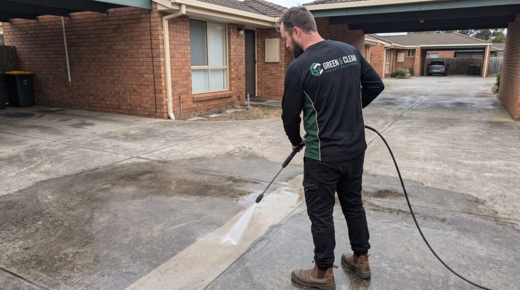 Green & Clean groundskeeper high pressure washing a concrete driveway at an Adelaide strata complex