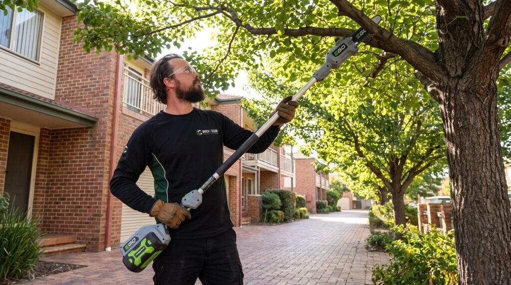 Green & Clean groundskeeper pruning an overhanging branch with a pole pruner at an Adelaide strata property